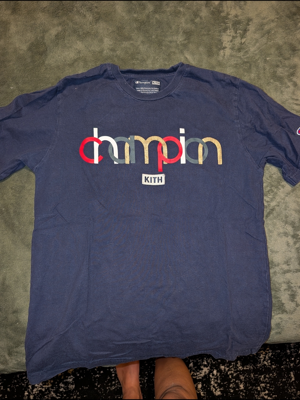 Champion Navy Short Sleeve Logo Tee with Multicolor Print